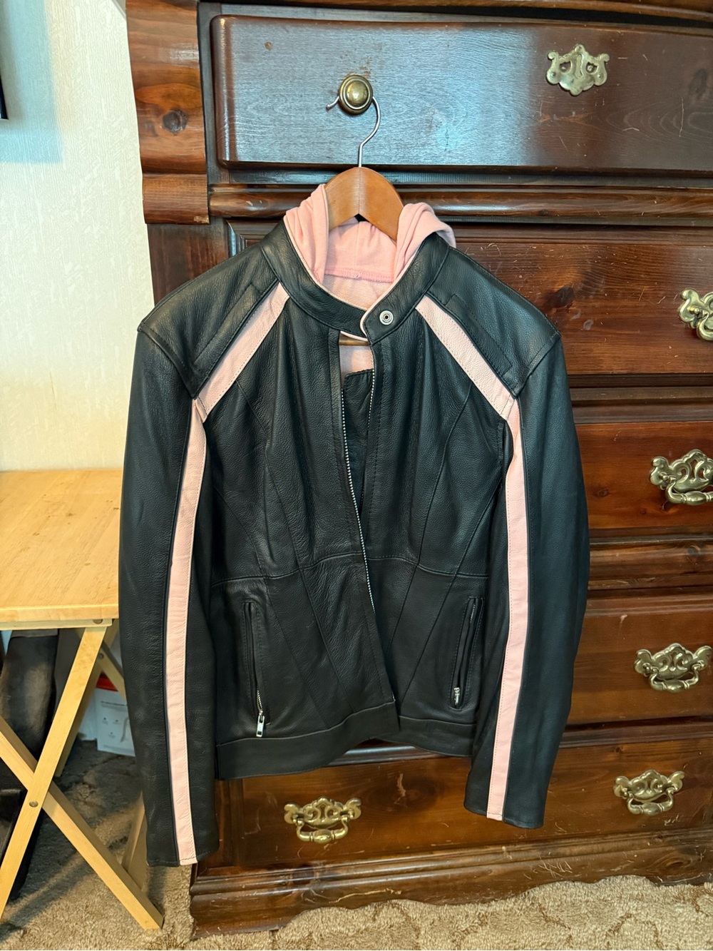 Black Leather Jacket with Pink Stripe Hoodie Insert